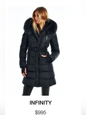 SAM. NYC Infinity Women's Black Belted Down Coat with Faux Fur Hood